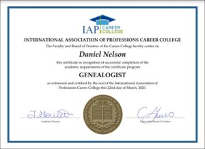 Dan Nelson Genealogist Certificate