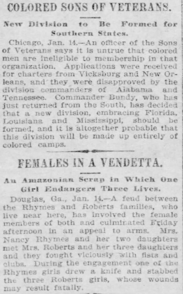 Colored sons of veterans and Females in Vendetta article 1895