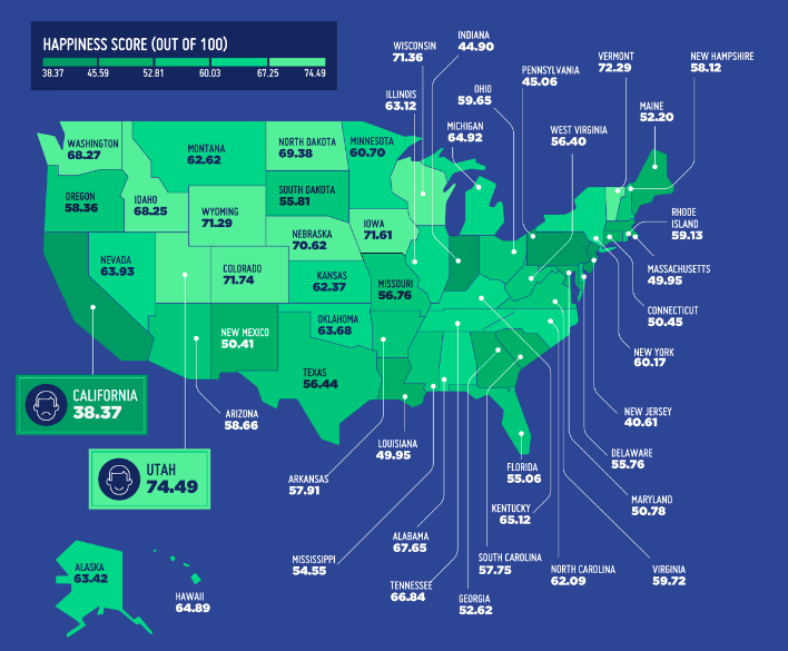 Happiest States map