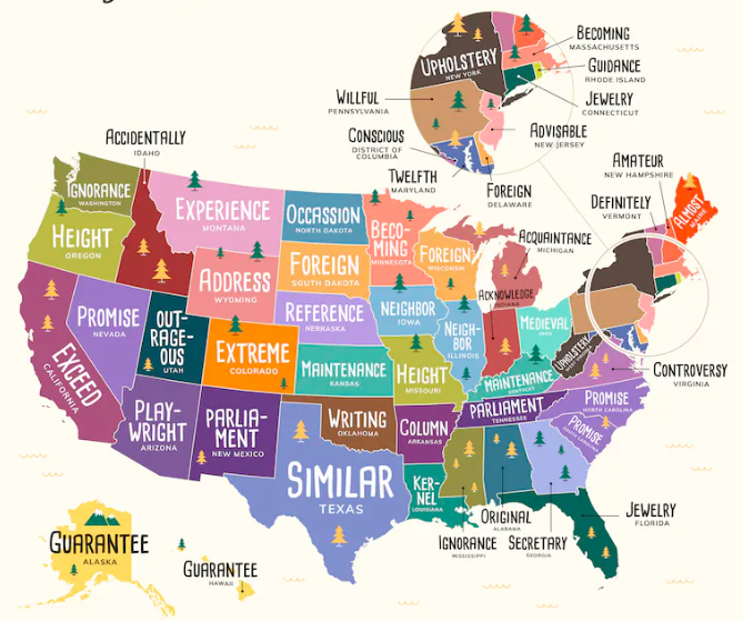 The most misspelled words by state on a map