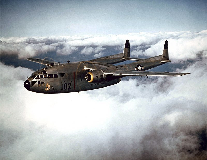 800px-Fairchild C-119B of the 314th Troop Carrier Group in flight 1952 021001-O-9999G-016
