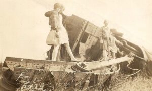 Stevenson Train wreck in Inola OK- Florence Stevenson age 15 next to engine