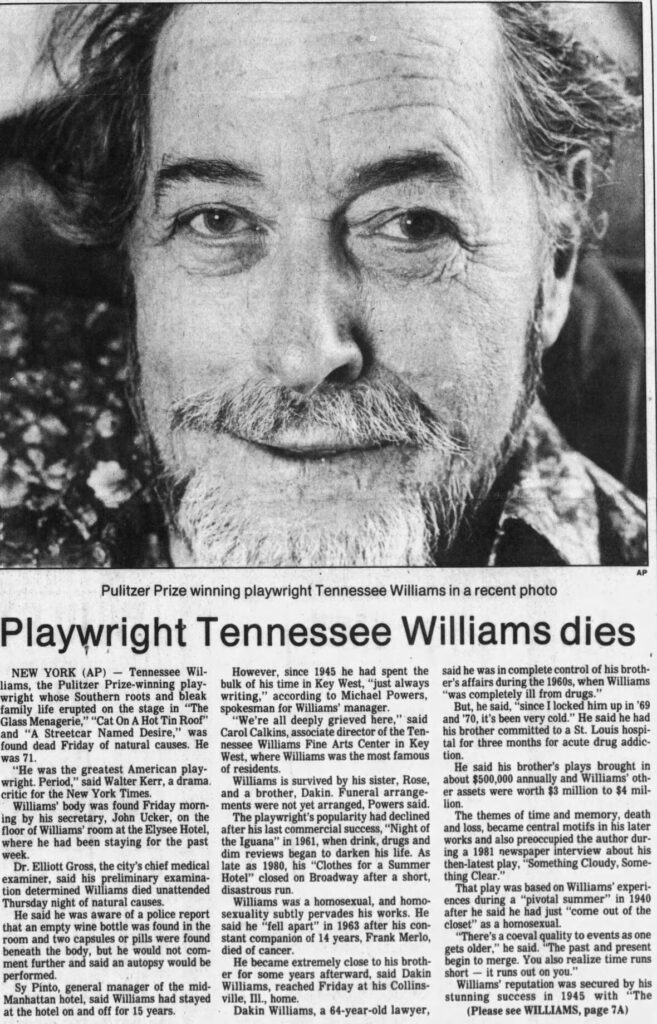 Obituary for Tennessee Williams