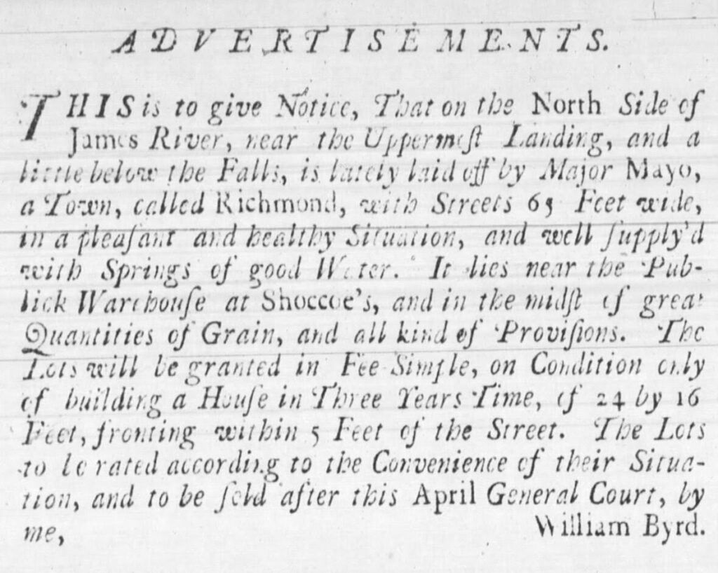 Ad for Land near Richmond 1737