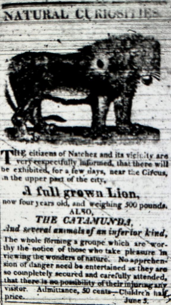 Lion in 1822 Natchez newspaper